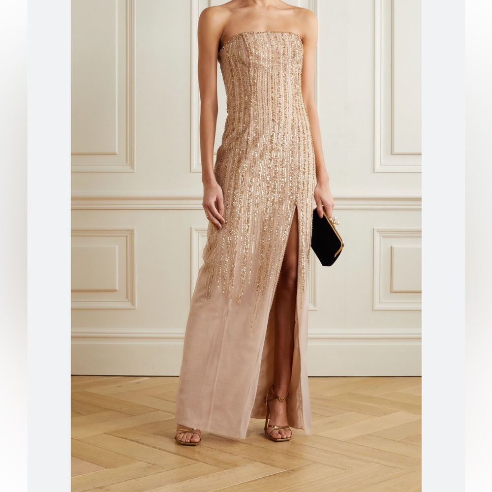 Marchesa Notte Strapless Embelished Gold Tille gown